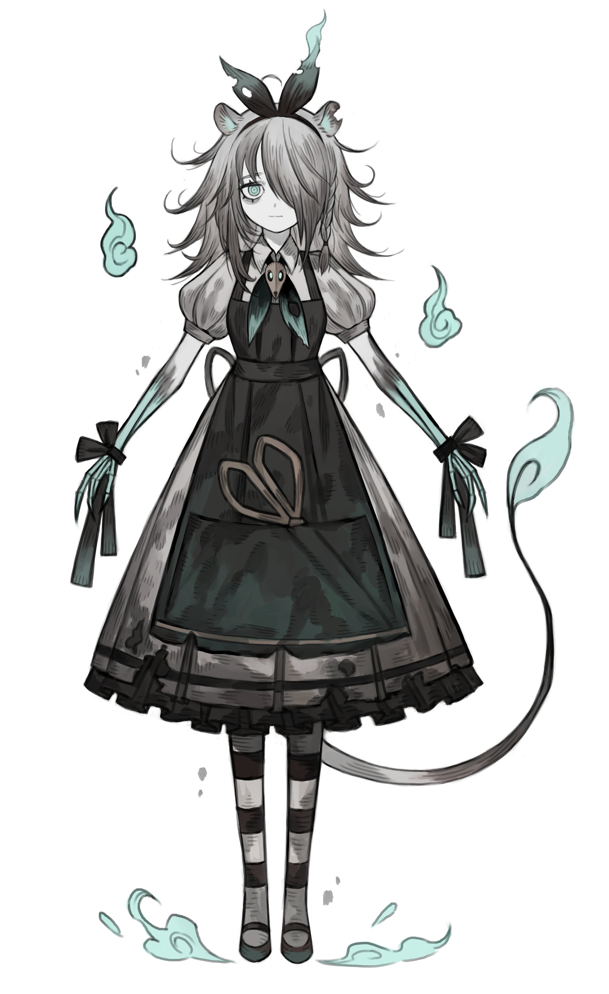 a black and white sketch of an anime girl with long hair, a black bow on her head, and a long white tail. she is wearing a black and white dress with an apron. she has black gloves and white socks. she is surrounded by wisps of blue smoke.