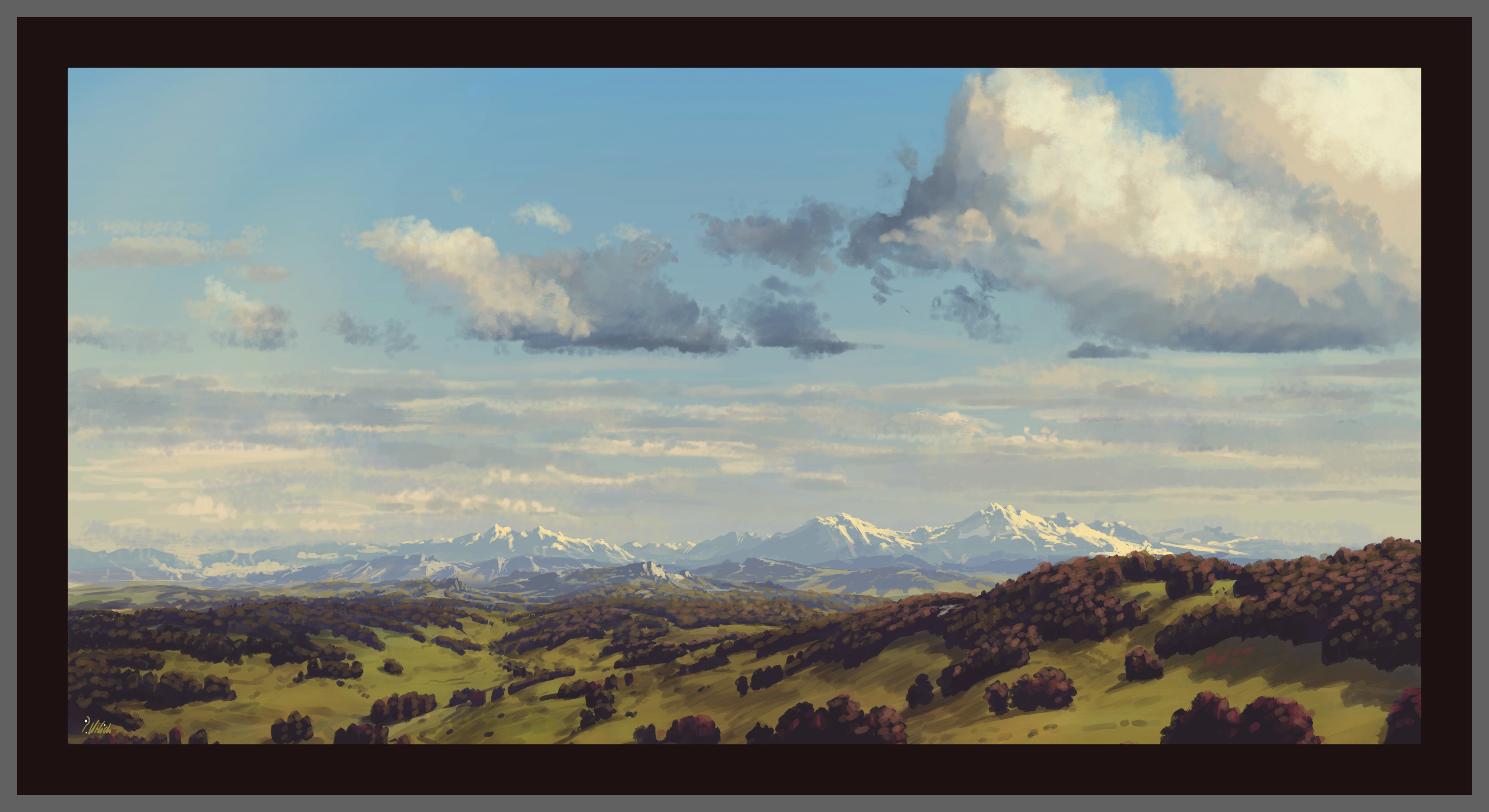 a digital landscape painting depicting a panoramic view of a verdant valley with rolling hills and clusters of trees. in the distance, a majestic mountain range stretches across the horizon, its peaks capped with snow. the sky above is a brilliant blue, adorned with fluffy white clouds that cast soft shadows upon the landscape. the overall atmosphere is one of tranquility and grandeur, inviting viewers to immerse themselves in the beauty of nature.