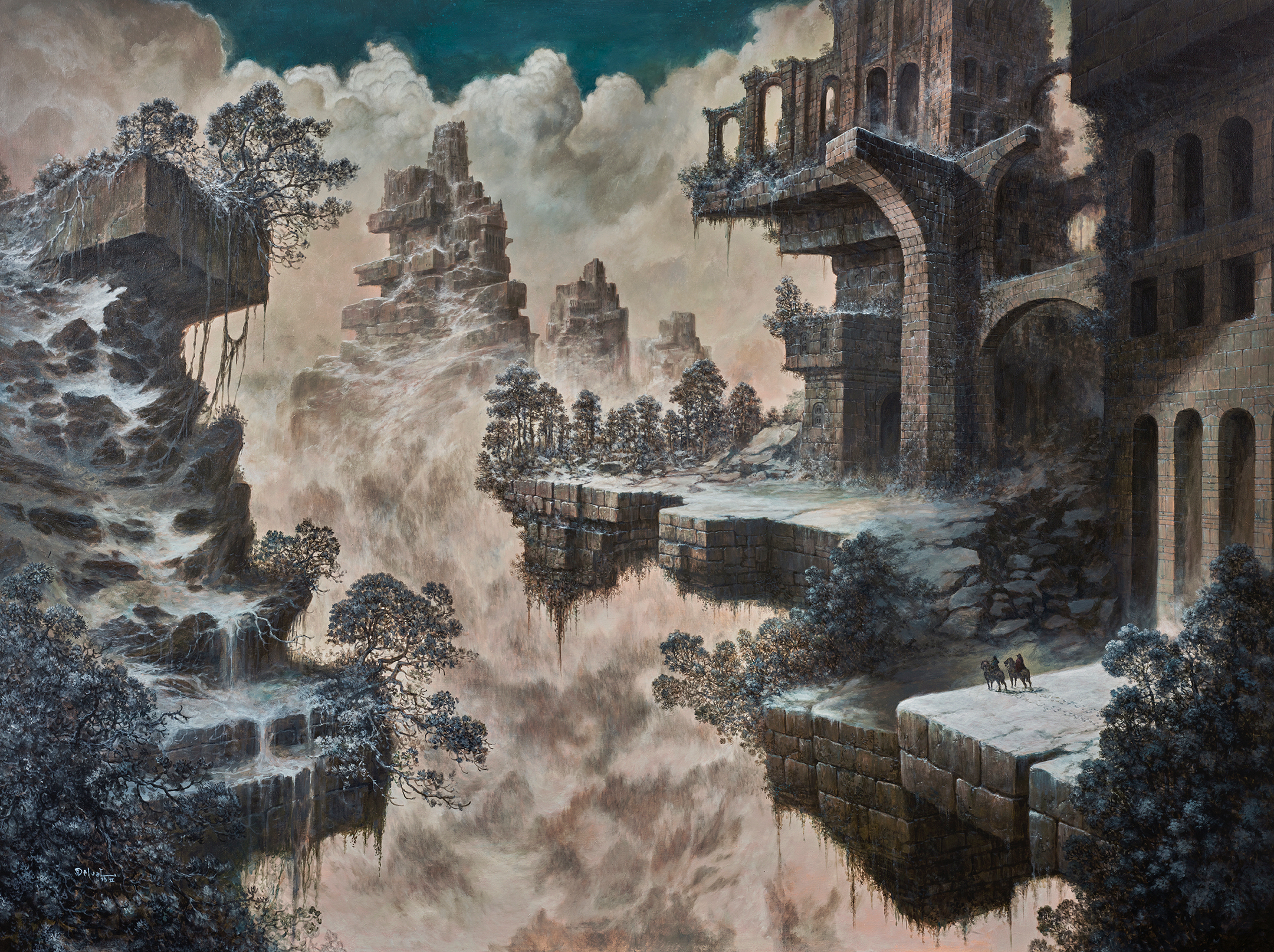the image depicts a breathtaking, yet melancholic scene of a ruined city nestled amongst towering, cloudkissed mountains. the city's architecture is a blend of classical and fantastical elements, with crumbling arches, grand staircases, and structures seemingly defying gravity as they float amidst the clouds. lush vegetation clings to the remnants of civilization, hinting at a time when life flourished in this now desolate place. two figures on horseback traverse a narrow pathway winding through the ruins, their silhouettes tiny against the vastness of the landscape. the soft, diffused lighting casts an ethereal glow over the scene, emphasizing the sense of mystery and wonder. the overall effect is one of both beauty and decay, inviting the viewer to contemplate the passage of time and the impermanence of even the grandest creations.