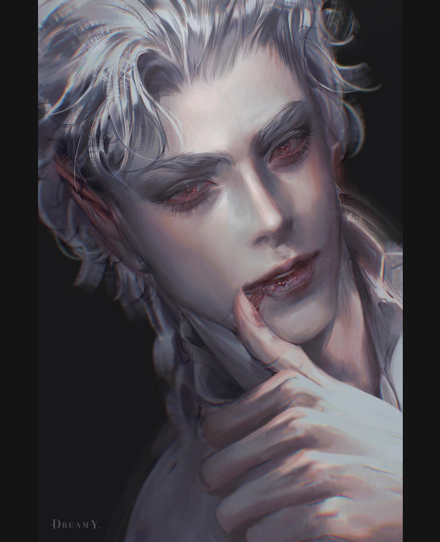 a paleskinned man with white hair and red eyes, reminiscent of a vampire, is depicted in a closeup portrait. he has a drop of blood on his lip and a suggestive finger gesture. the background is dark, creating a sense of mystery, and the lighting is soft, adding to the ethereal quality of the image.
