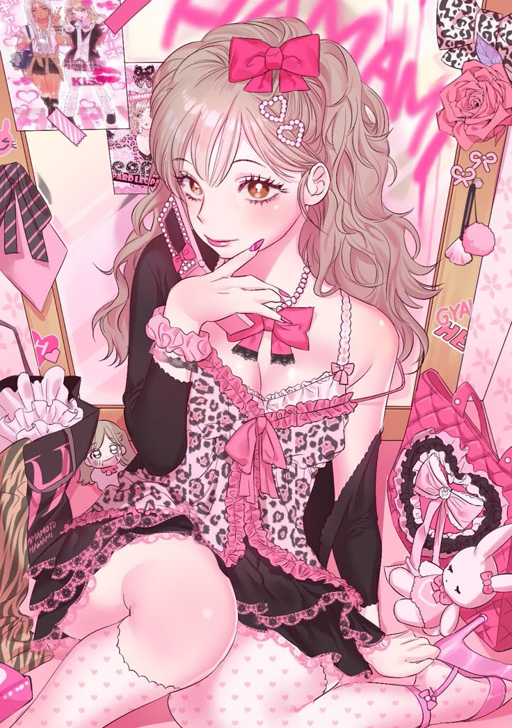 an animestyle illustration featuring a girl dressed in a pink and leopard print outfit. she has a pink bow in her hair and is surrounded by various accessories and items in a pinkthemed room. a stuffed rabbit, cell phone, and makeup items are visible, along with posters and a mirror in the background. the room is decorated in a gyaru style, with a lot of pink and heartshaped accents.