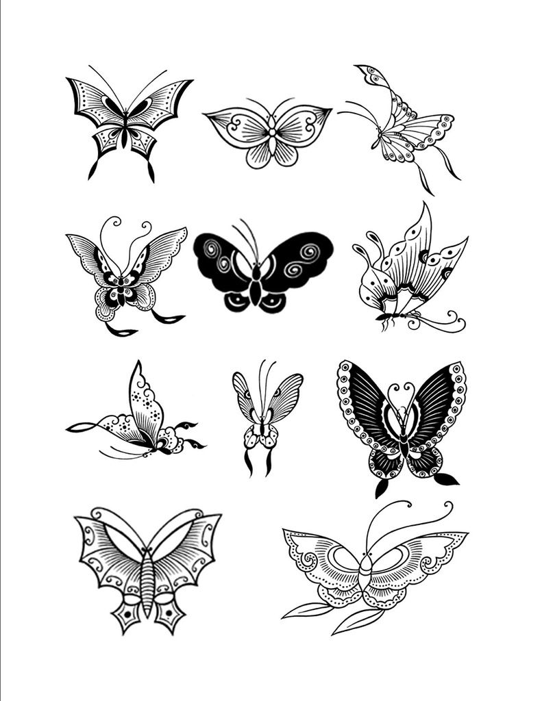 the image contains twelve different illustrations of butterflies in black and white. they vary in style, size, and position. all butterflies have detailed wings, some with symmetrical patterns, some with unique designs, and some with a more simplistic style.  all butterflies are depicted with their wings spread, as if in flight, except for one on the left side that is positioned with its wings folded.