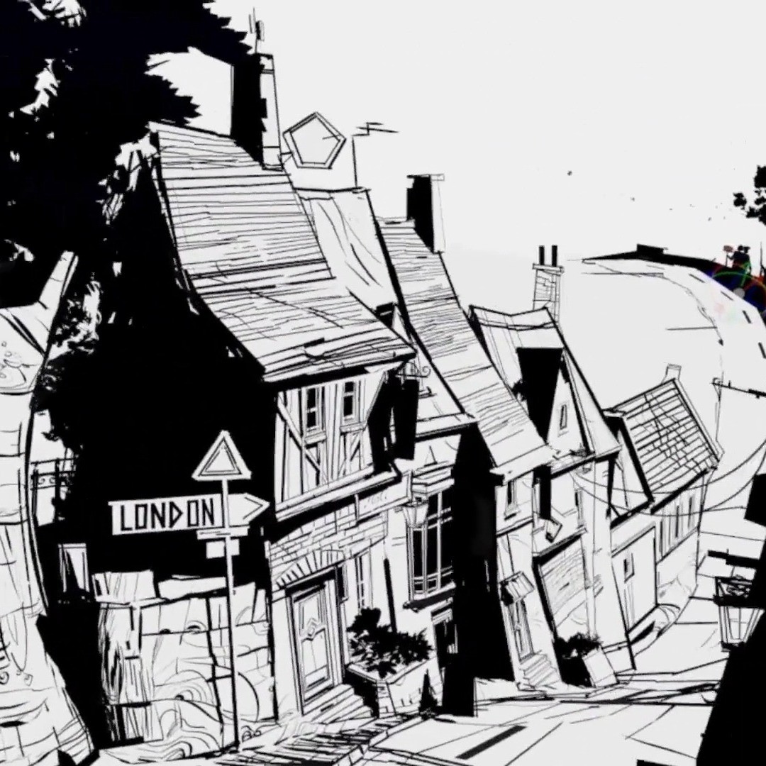 a black and white illustration of a street in london, england. the street is lined with old, stone houses with cobblestone sidewalks. there is a street sign pointing towards london. the illustration is done in a graphic novel style, with bold lines and dark shading. the atmosphere is mysterious and atmospheric, with a sense of history and intrigue.