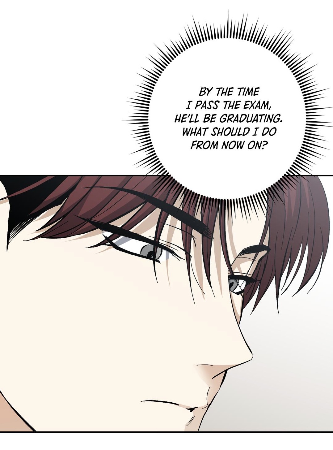 a closeup shot of a man's face from a manhwa (korean comic). he is deep in thought, with a contemplative expression. a speech bubble above him reveals his inner thoughts about his boyfriend graduating and his uncertain future. the art style is characteristic of korean webtoons, clean lines, and soft shading.