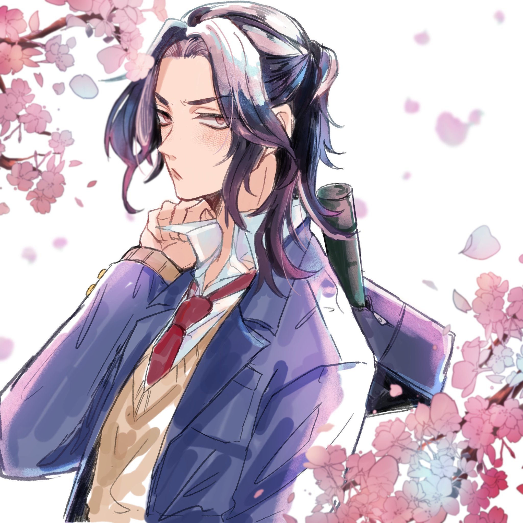 the image features an anime boy with long black hair with streaks of white. he is wearing a blue school uniform jacket, a tan sweater and a red tie.  he is looking away from the viewer and smiling. there are pink cherry blossoms in the background. the style is reminiscent of anime or manga art.