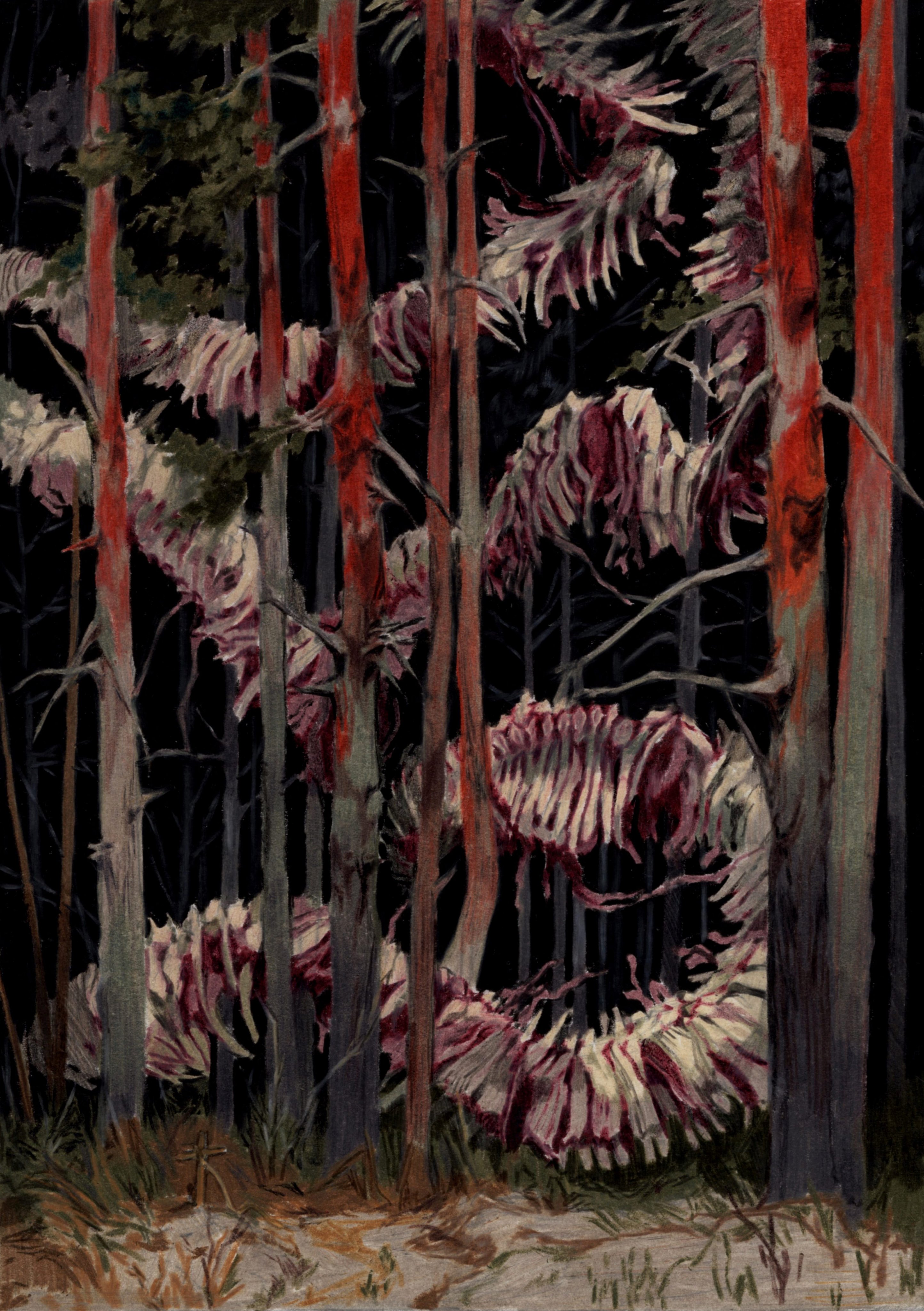the image is a painting depicting a dark and surreal forest scene.  numerous tall, slender trees with reddishbrown bark dominate the composition.  between the trees, and seemingly intertwined with them, are swirling, undulating forms that resemble stacks or piles of ribs or bones, primarily in shades of purplishred and offwhite. these bonelike structures create a sense of unease and mystery, twisting and turning throughout the scene. the background is a deep, almost black, suggesting a dense, shadowy forest. the overall effect is unsettling and evokes a feeling of the uncanny or macabre, with the contrast between the natural setting of the trees and the unnatural, skeletal forms creating a striking and unsettling visual experience. the style suggests watercolor or gouache, with visible brushstrokes and a slightly textured look.