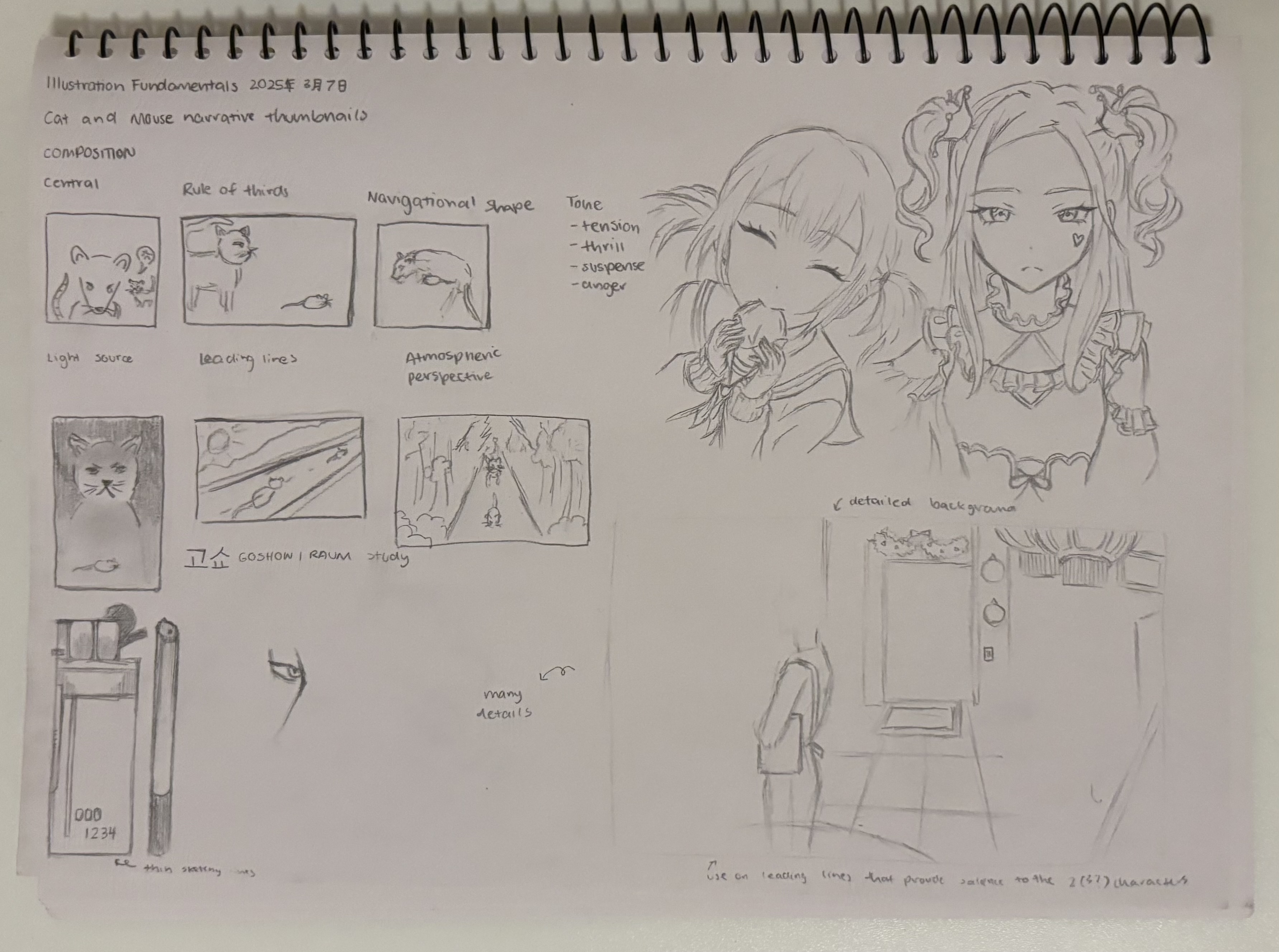 the image is a page from a sketchbook or notebook containing various illustrative studies and sketches. it includes composition thumbnails focusing on a cat and mouse narrative, exploring different compositional techniques such as "central," "rule of thirds," "navigational shape," and considering aspects like light source, leading lines, and atmospheric perspective. there are also tone studies related to tension, thrill, suspense, and anger. additionally, the page contains character sketches in an anime/manga style, with a detailed background study featuring a person standing in front of what appears to be a vending machine or information kiosk. there are handwritten notes referencing "goshow i raum study" and the use of leading lines to promote attention to characters.