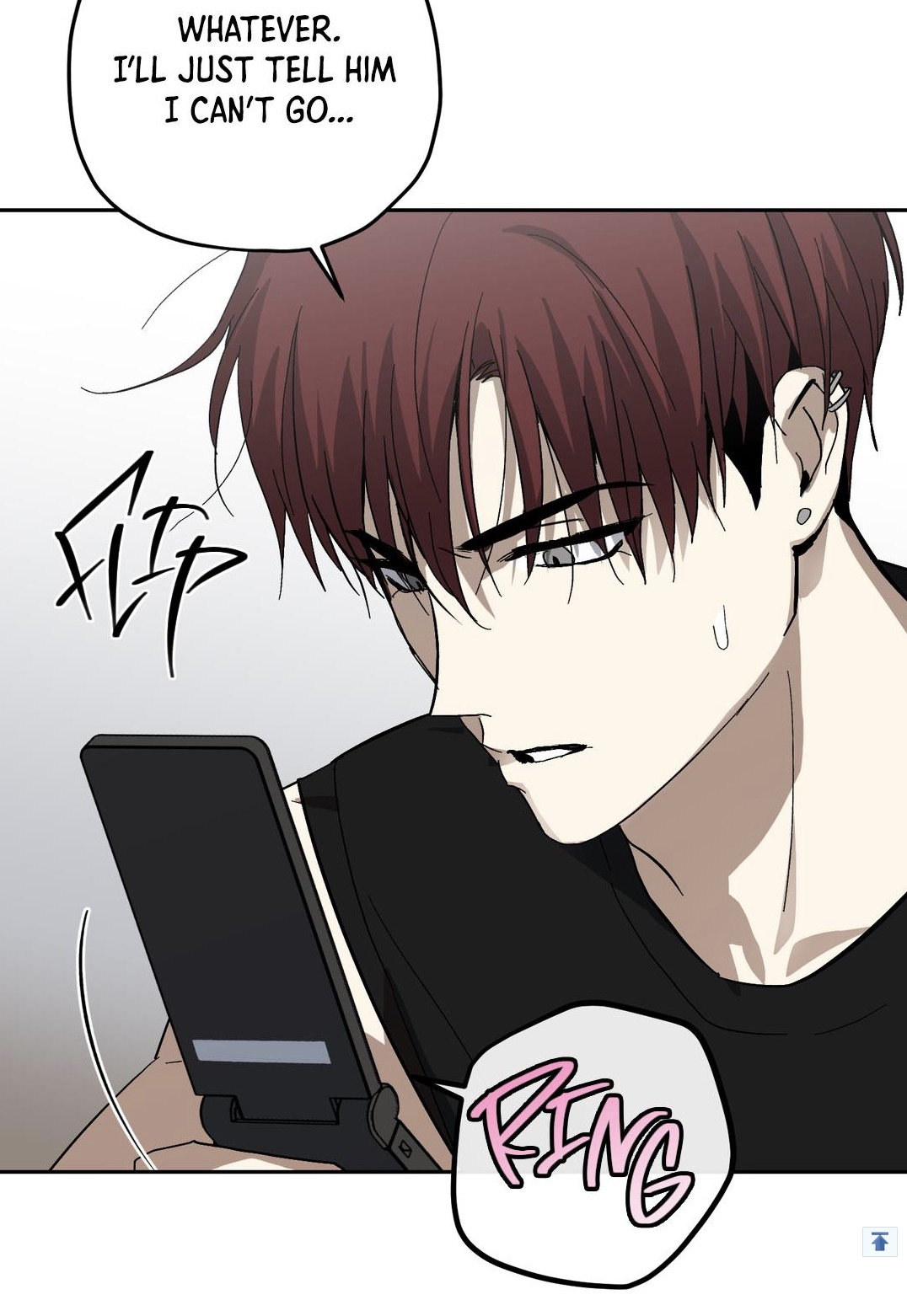 a closeup illustration from a manhwa or webtoon. a young man with reddishbrown hair is shown from the chest up. he has a serious and slightly worried expression. he is holding a cell phone, and a speech bubble above him indicates that he is considering how to tell someone he can't go somewhere. another speech bubble next to the phone indicates an incoming call or a ringing sound. the art style is clean and sharp, with a focus on detailed expressions and hair.