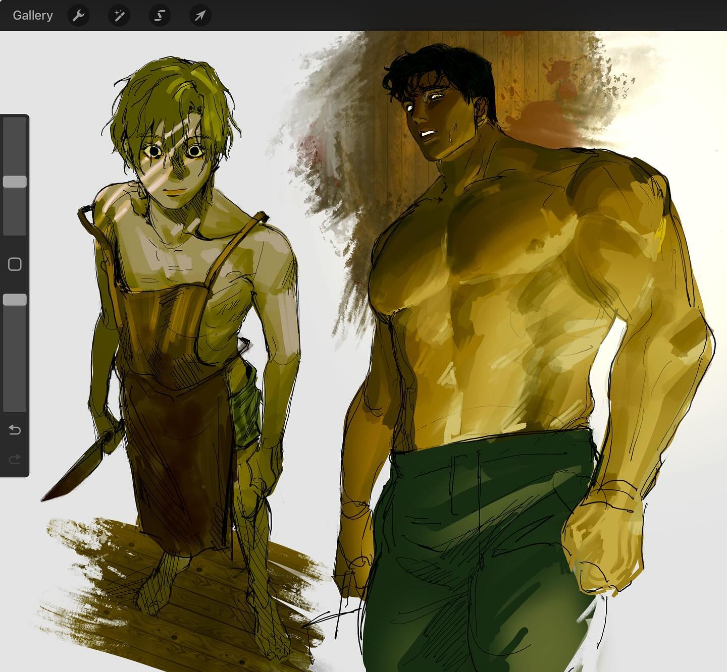 the image is a digital painting depicting two men.  one is a slender, lightskinned young man with blonde hair wearing a brown apron and holding a knife. he appears somewhat vulnerable or apprehensive. the other is a much larger, muscular, darkhaired man who is shirtless and wearing olive green pants. he has a more imposing and serious demeanor. both figures are rendered in a painterly style with visible brushstrokes, using a predominantly dark and warm color palette. the background is indistinct, with washes of color suggesting a vaguely rustic or interior setting.  the overall mood is intense and dramatic. the artwork has the feel of a concept sketch or preliminary illustration for a larger project.