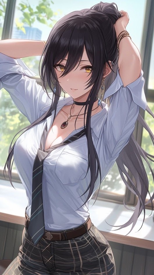 the image features an anime girl with long black hair, wearing a blue shirt, a black tie, and a plaid skirt with a brown belt. she is smiling with a blush on her cheeks, and her hand is on her hair. she looks cute and attractive. the background is a window with a view of greenery. the girl is very fashionable and stylish.