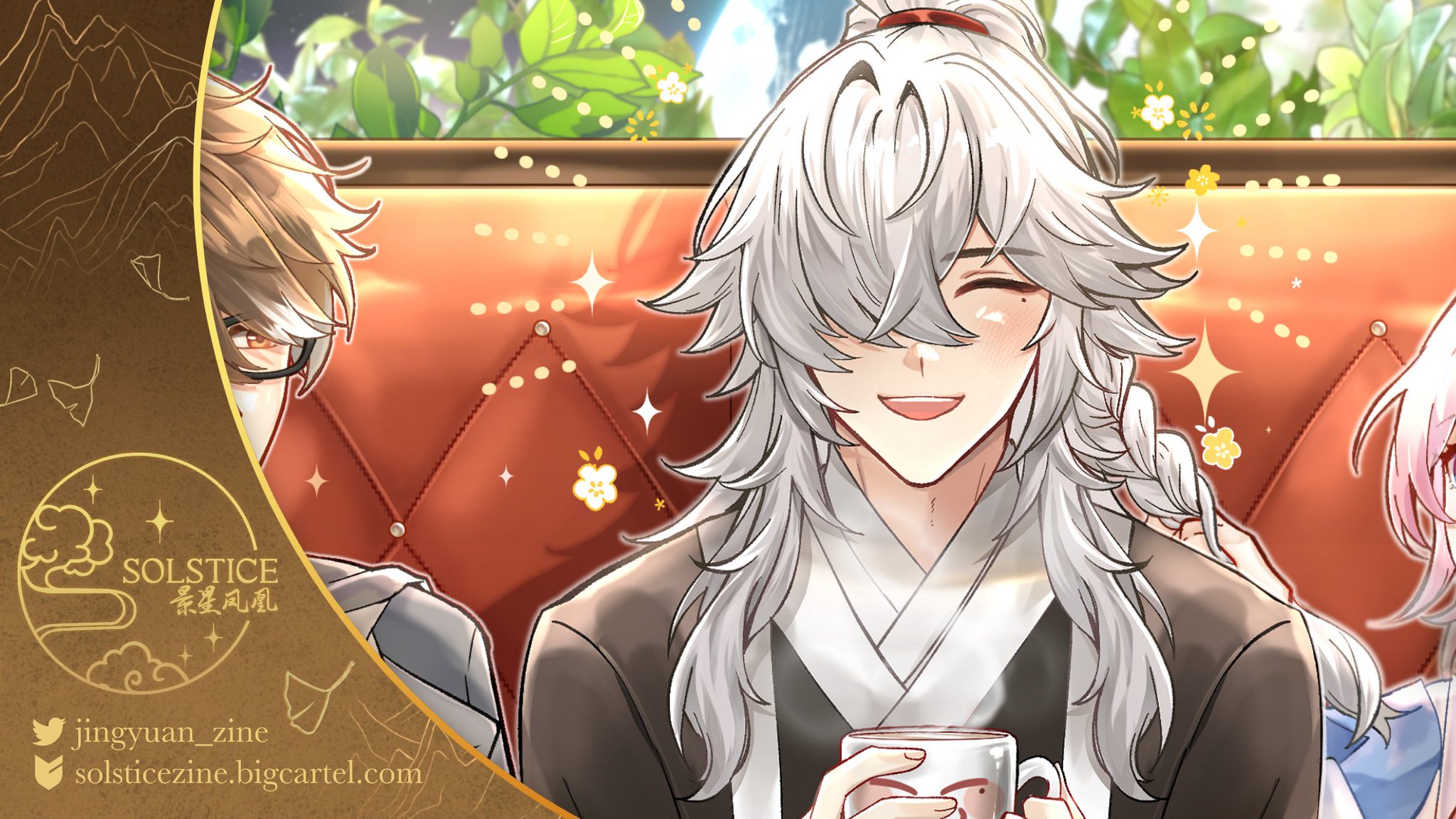 the image is an anime style drawing of a male and female character sitting at a cafe. the male character has white hair and is wearing a brown jacket over a white shirt. he is smiling and holding a cup of coffee. the female character has pink hair and is wearing a light blue dress. she is smiling and looking at the male character. the background is a red and orange cafe booth. the image is surrounded by a border of gold and brown leaves and flowers. the characters are surrounded by sparkling lights and hearts, making the image feel romantic.