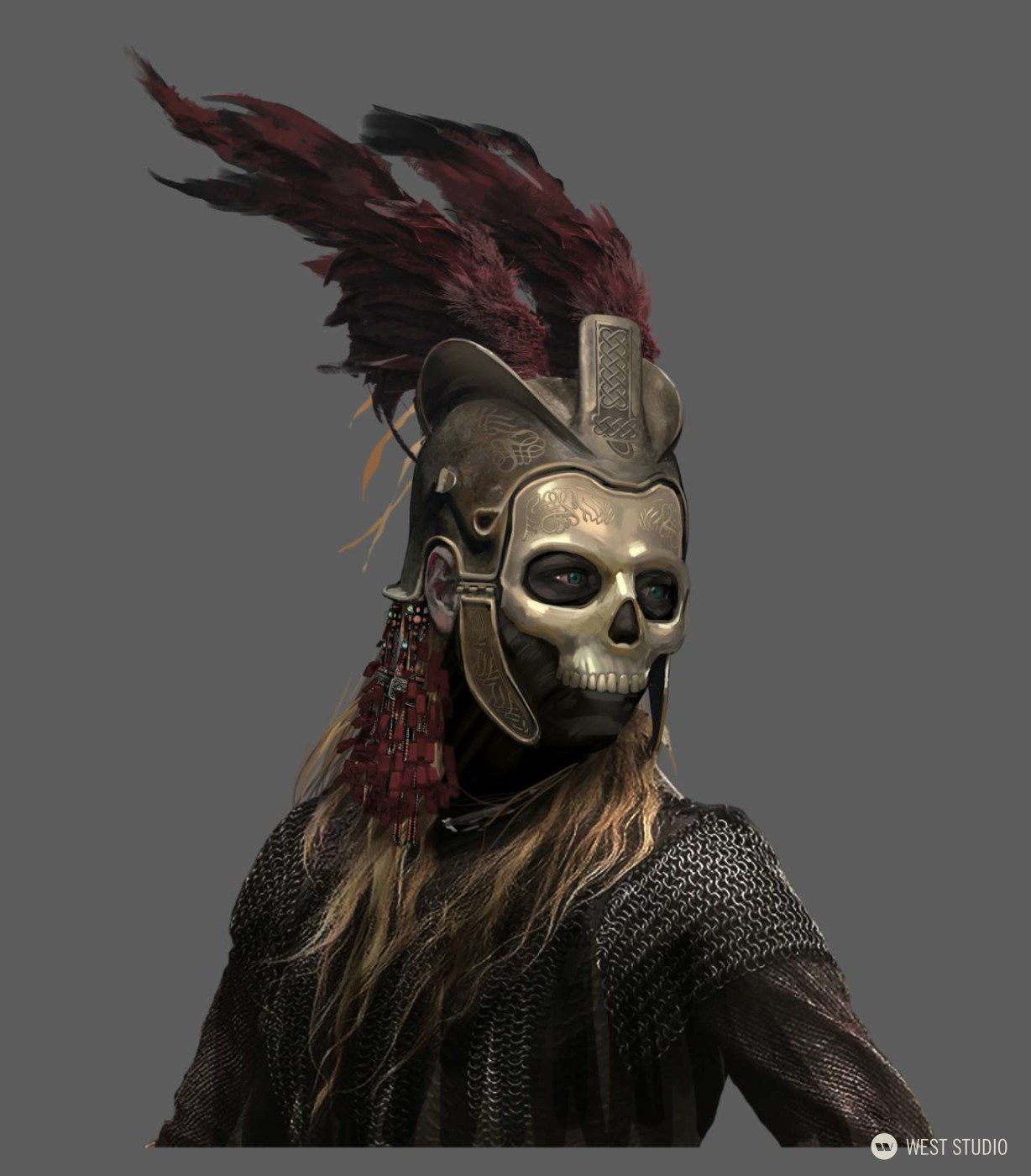 the image showcases a digital painting of a warrior's head and shoulders against a neutral gray background. the warrior, potentially female, is adorned in fantasy armor inspired by ancient rome.  key features include a striking helmet designed as a golden skull with glowing blue eyes, topped with a plume of dark red feathers. additional red feathers are woven into long blonde hair that falls over chainmail armor. the overall aesthetic blends historical and fantastical elements, hinting at a fierce and possibly intimidating character.