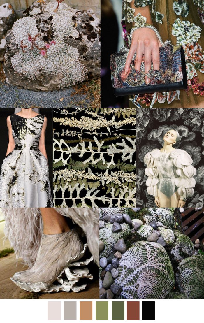 this is a collage of images that show different textures and patterns inspired by nature. the first image shows a rock covered in small white beads. the second image shows a woman wearing a dress and a bag with floral embroidery and bead embellishments. the third image shows a closeup of lace. the fourth image shows a model wearing a dress made of white ruffles and a woman with black and white stripes. the fifth image shows a close up of a shoe made of white feathers. the sixth image shows a rock covered with moss and white fabric with intricate crochet patterns. the last image shows a color palette that includes shades of white, gray, brown, green, and black.