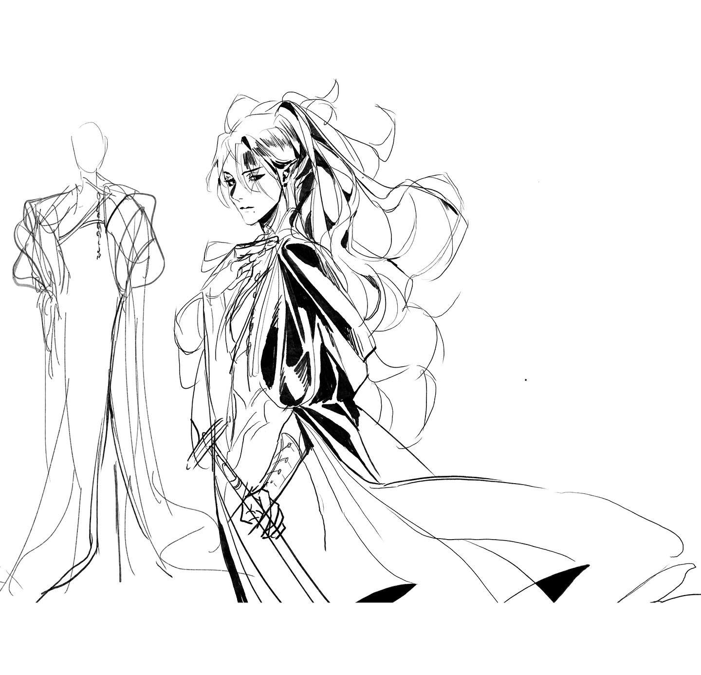 this is a black and white sketch or line art drawing of a female character with long flowing hair, wearing an elaborate and detailed outfit, and holding a sword. the drawing style is loose and expressive, with quick strokes and lines. there's a basic figure outline behind her that seems to be wearing a long coat.