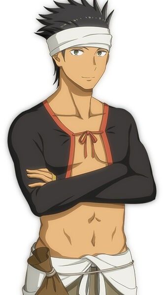 this is an image of a young anime male character, he is holding his arms crossed in front of him and is smiling confidently. he has black hair, is wearing a white headband, a black open shirt with a red trim, white pants with a brown belt, and has a brown sack hanging off of the belt. he has a muscular six pack.