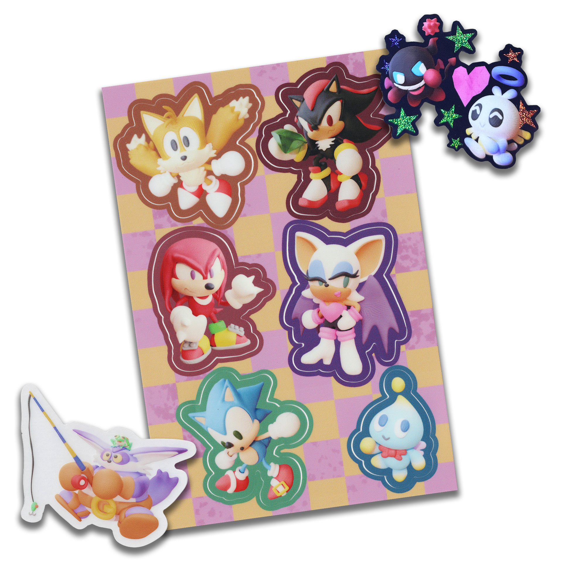 a collection of 8 sonic the hedgehog character stickers. the characters included are sonic, tails, knuckles, shadow, rouge, chao, amy, and eggman. the stickers are all colorful and feature the characters in their classic poses. they are perfect for any sonic fan!