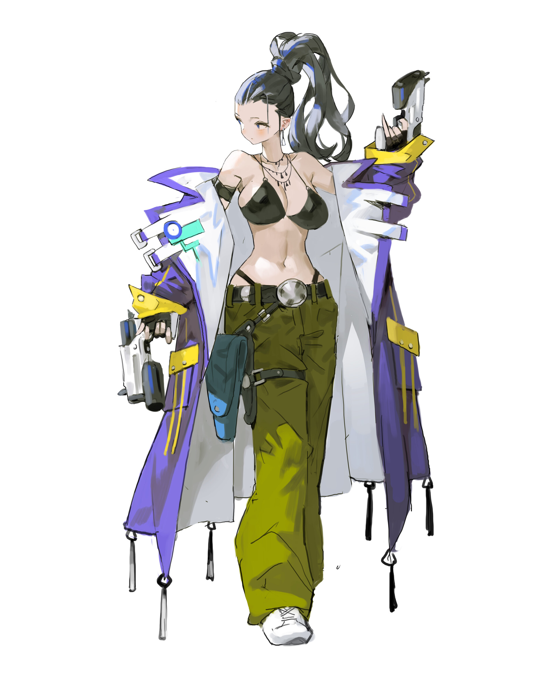 an animestyle full body drawing of a lightskinned woman with her hair in a ponytail, wearing a black bikini and open coat with purple and yellow accents. she is also wearing olive green widelegged pants, a belt with a large buckle, and white sneakers. she is holding two guns, and is wearing a necklace. there is a pouch attached to her belt. the background is white.