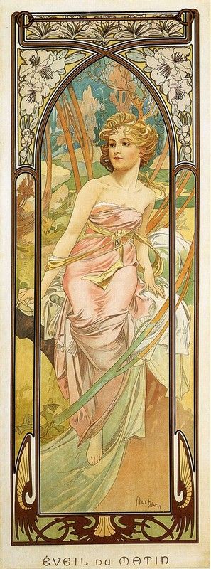 this is an art nouveau image by alphonse mucha titled "éveil du matin" featuring a woman with a fair complexion and blonde hair wearing a flowing pale pink dress, adorned with a gold sash. she is seated within an arched frame decorated with flowers and foliage. the background appears to be a natural setting with trees and plants, evoking a sense of morning and awakening. the overall style is characteristic of mucha's art nouveau aesthetic, with flowing lines, decorative elements, and a focus on feminine beauty. the text at the bottom reads "éveil du matin".