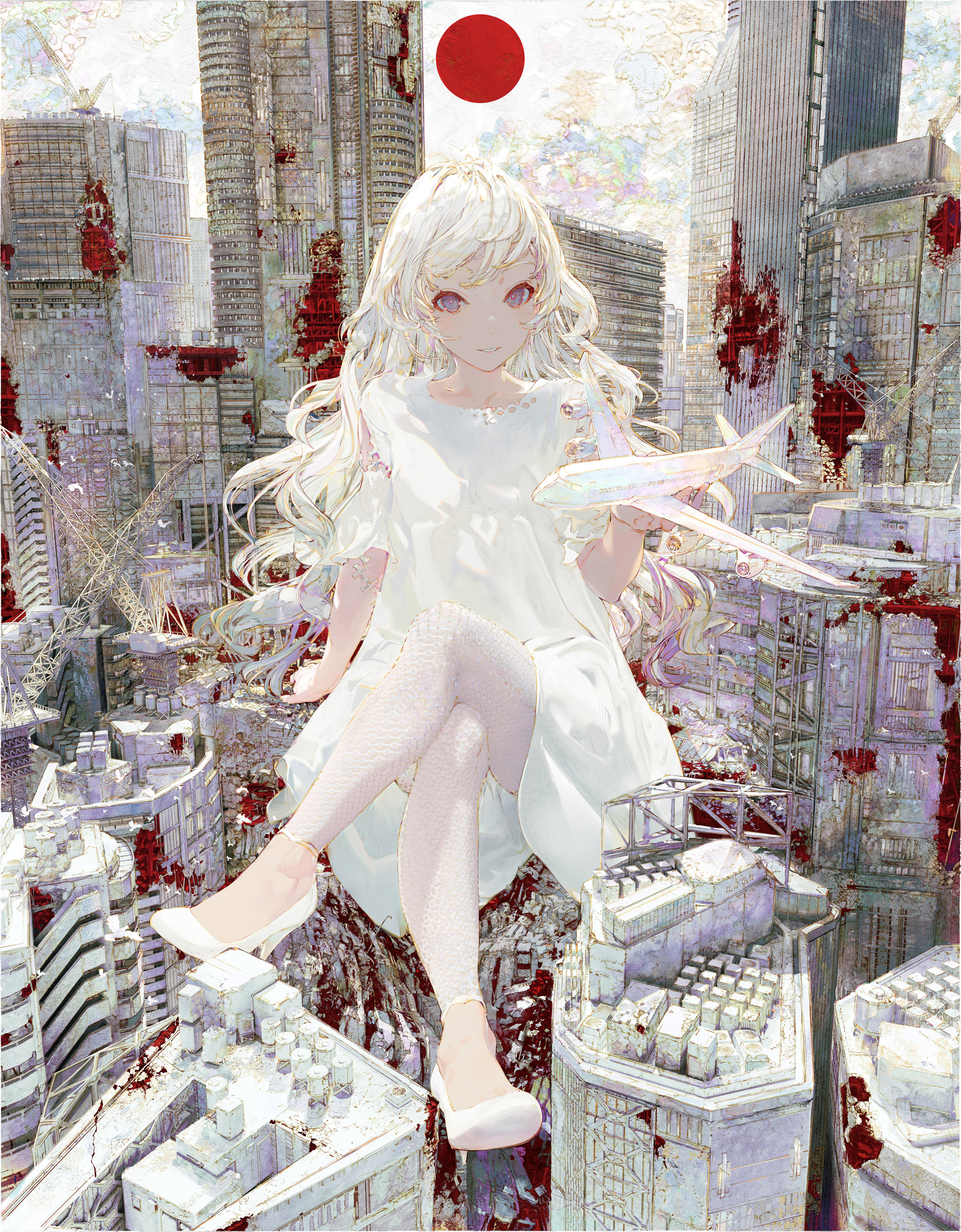the image is a digital painting or illustration in an anime/manga style. it depicts a large, fairskinned girl with long blonde hair sitting atop a ruined, sprawling cityscape. she's wearing a simple white dress and white tights, and is holding a small toy airplane.  the city is heavily damaged, with hints of blood or red splatter on the buildings, giving a sense of postapocalyptic or dystopian atmosphere. a large red sun is visible in the upper portion of the image. the overall style is surreal and fantastical, contrasting the girl's delicate appearance with the scale and destruction of the environment. the color palette is muted and slightly desaturated, focusing on whites, greys, and the splashes of red.