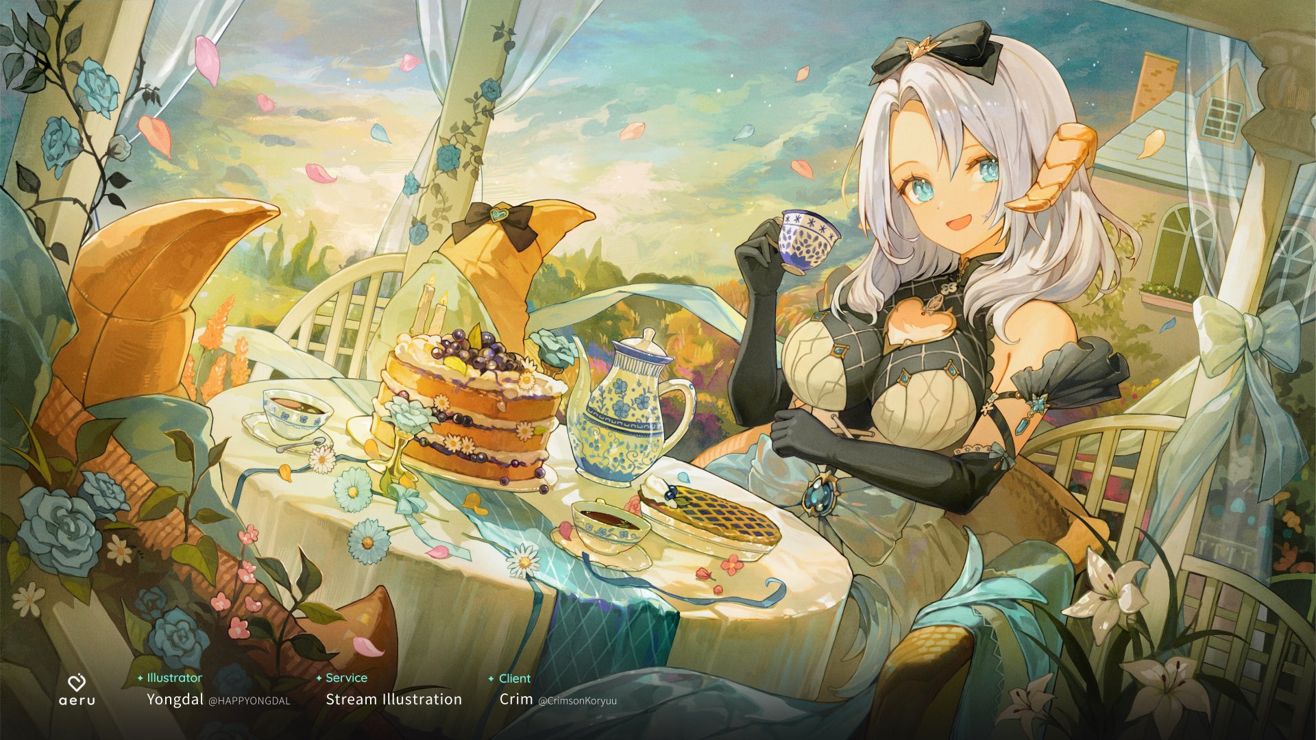 the image is a digital illustration of an animestyle girl with white hair and blue eyes, wearing an elegant dress and long gloves. she is sitting at a table in a garden setting, enjoying a cup of tea and a piece of cake. the scene is peaceful and tranquil, with soft lighting and delicate details. the illustration is highly detailed and beautifully rendered, with a soft, painterly style.  the artist's name (yongdal) and client's name (crimsonkoryuu) are visible at the bottom along with other credits.