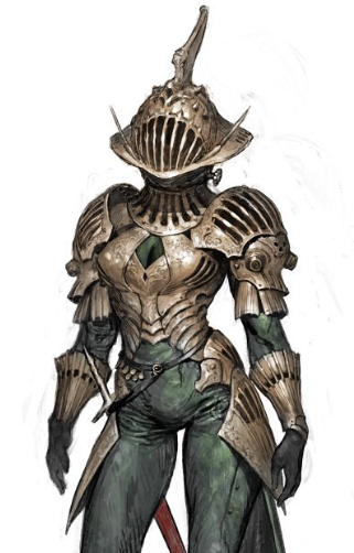 a female knight, clad in ornate golden armor with intricate details, stands against a white background. the armor features a distinctive helmet with a central spike and cagelike visor, revealing a glimpse of dark fabric beneath. she wears a green tunic that peeks out from beneath the armored plates. a sword hangs at her side, partially concealed. the overall impression is one of strength, elegance, and preparedness for battle.