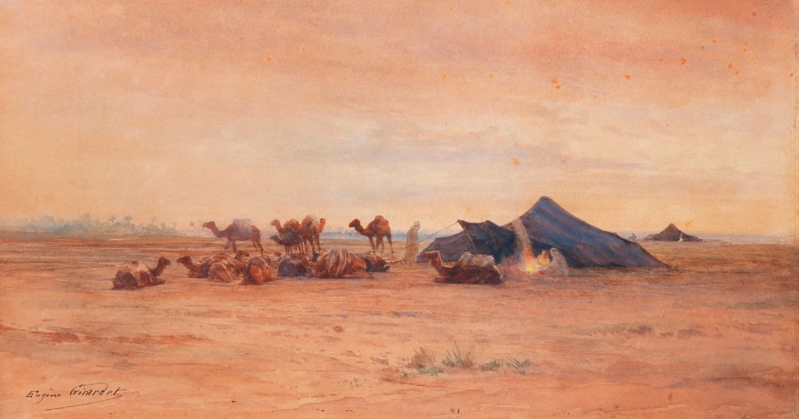 this is a watercolor painting by eugène girardet depicting a desert encampment. several camels are resting and standing in the foreground and midground. a large tent is situated on the right, with a fire burning in front of it and people nearby. the background shows a flat, sandy landscape under a sunset sky.