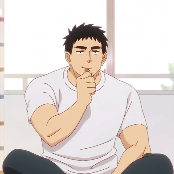 an anime man with black hair is sitting with a serious expression on his face, he's wearing a white shirt and his hand is on his chin as if he's thinking.
