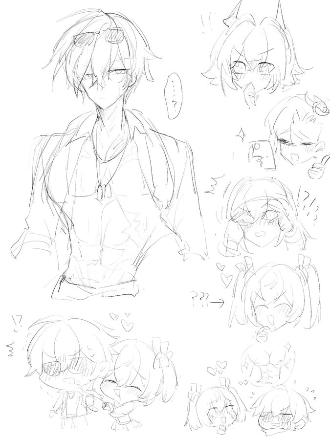 he image contains a collection of rough pencil sketches featuring various animestyle characters.  the central figure is a muscular young man with sunglasses, possibly in a casual outfit. surrounding him are numerous smaller sketches of girls with different expressions, some seemingly interacting with each other or showing romantic interest. the style is loose and expressive, indicative of a quick sketch or brainstorming session for character designs. the overall tone is lighthearted and playful.