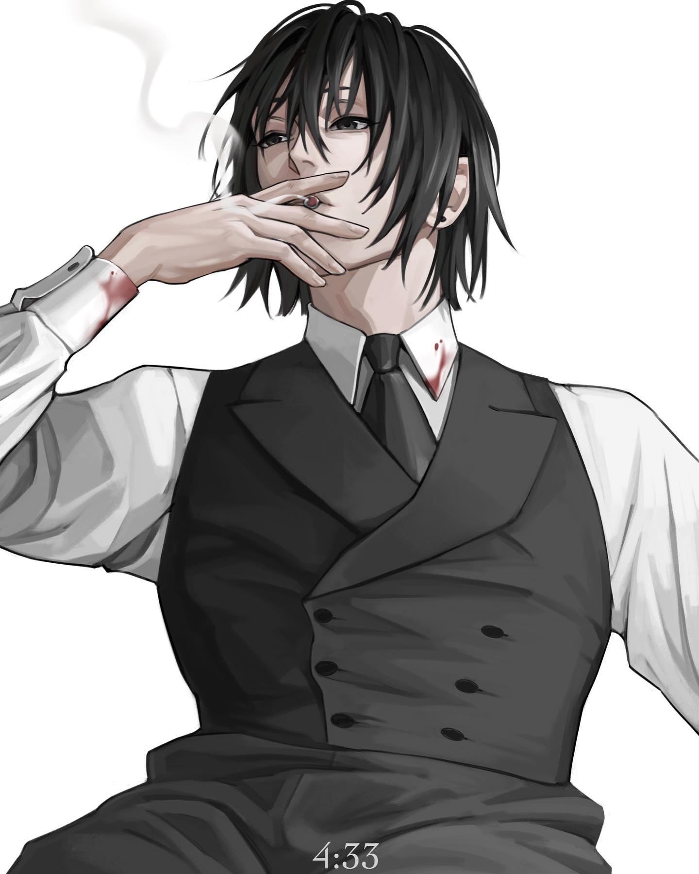 a black and white digital drawing of a young man in a suit vest and tie, smoking a cigarette.  he has medium length black hair, and there are small blood splatters on his shirt cuff and collar.  the image is cropped to his torso, from the knees up.  the background is white, and the time stamp "4:33" is written at the bottom of the image.