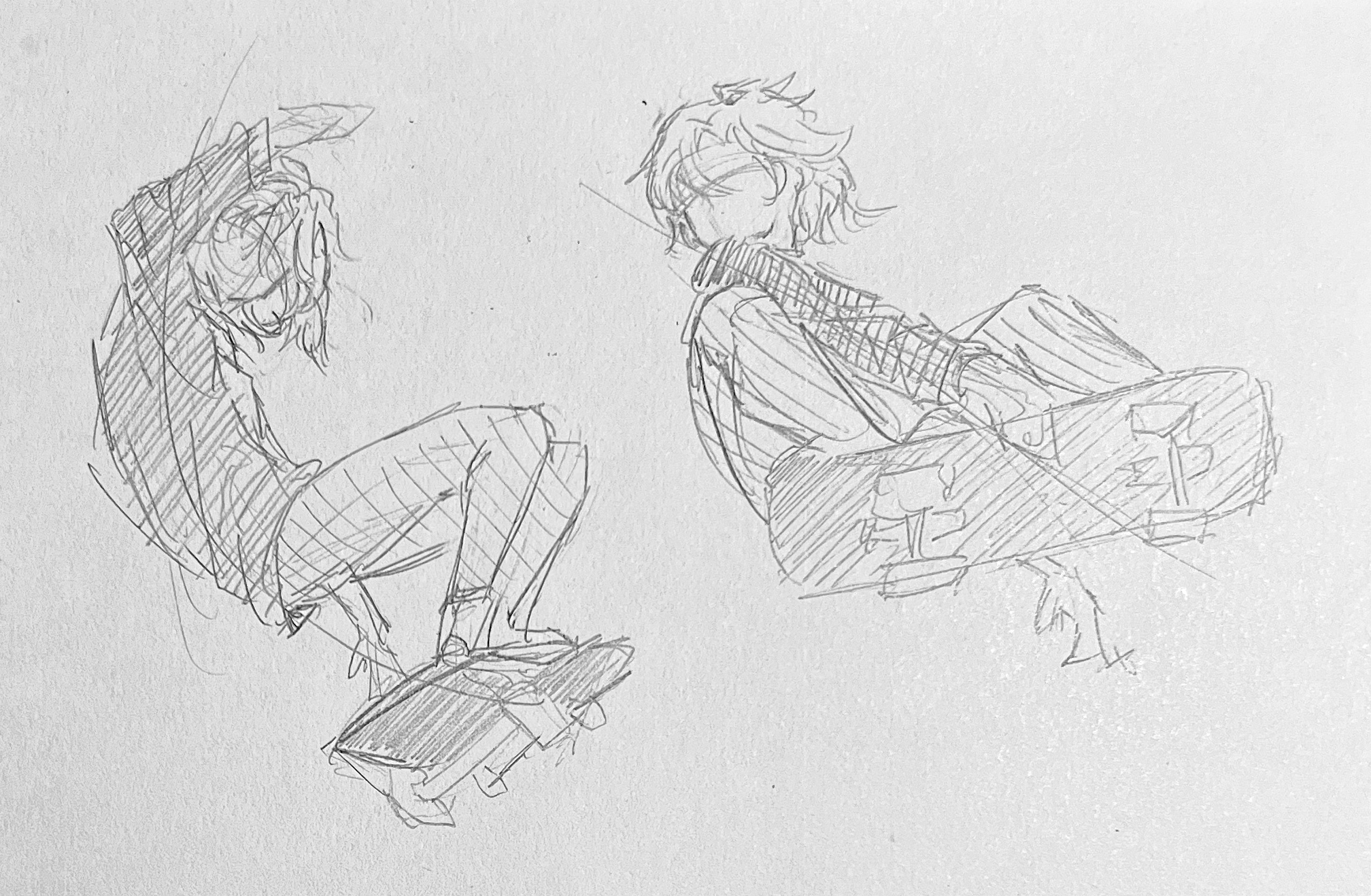 he image contains a pencil sketch depicting two figures in an anime style. one figure appears to be falling, possibly carrying a knife, while the other is sitting on a skateboard or suitcase, seemingly relaxed. both figures are drawn with dynamic, expressive lines, showcasing movement and emotion.  the style of the drawing features textured shading and clothing details.  the overall aesthetic is loose and sketchy, typical of a quick concept sketch or character design.