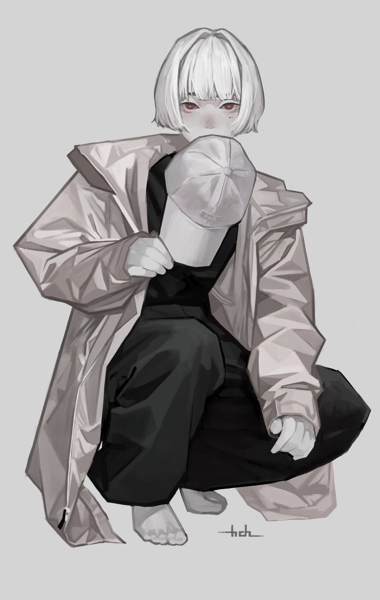 the image is a digital painting or illustration of a young animestyle girl with short, white bobbed hair. she is crouching down, partially obscuring her face with a lightcolored baseball cap. she's wearing a large, loosefitting, lightcolored hooded jacket over dark, baggy pants. the overall style is minimalist and uses a grayscale palette, with subtle shading to create depth and form. the background is a plain light gray, focusing attention on the figure. the art style leans towards a muted and somewhat melancholic aesthetic.