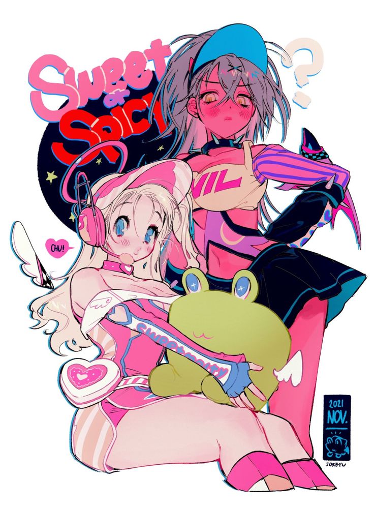 this is a digital illustration of two anime girls, one wearing pink and the other wearing blue. the pink girl has a frog in her arms, and the blue girl is holding a pink heart. the image is set against a backdrop of stars, clouds, and a heart, and has the words "sweet or spicy" written across the top. the image is filled with vibrant colors and has a very cute and kawaii aesthetic.
