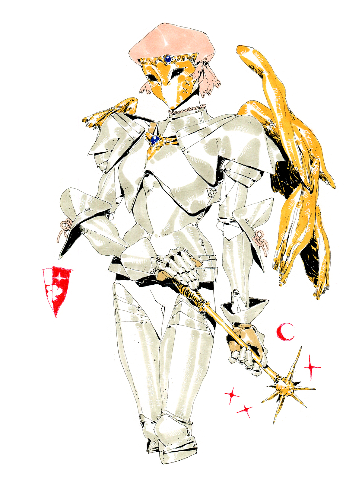 the image showcases a stylized illustration of an angelic knight. the figure is clad in ornate, primarily white armor with hints of gold, suggesting a divine or celestial nature. the most striking feature is the pair of large, feathery, golden wings that sprout from the knight's back.  they hold a golden staff topped with a crescent moon and sparkling stars, further reinforcing the celestial theme. a small, red shield with a white emblem adorns the figure's left arm. the overall aesthetic blends fantasy elements with medieval armor design.