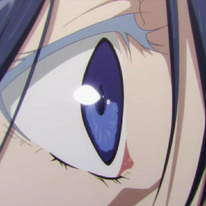this is a closeup of an anime character's blue eye.  the pupil is visible and surrounded by an iris. the character appears to be looking off to the right of the image.  the character also has long eyelashes.