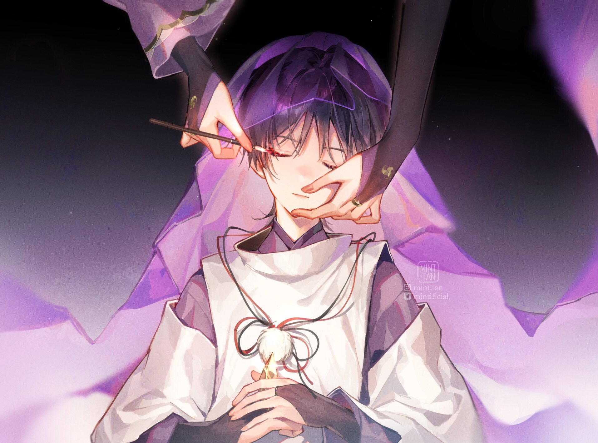 this is a digital illustration of a young male anime character with purple eyes closed and long black hair. the character wears a white and purple garment and is surrounded by purple and white light. two hands gently touch the character's face, as if applying makeup.