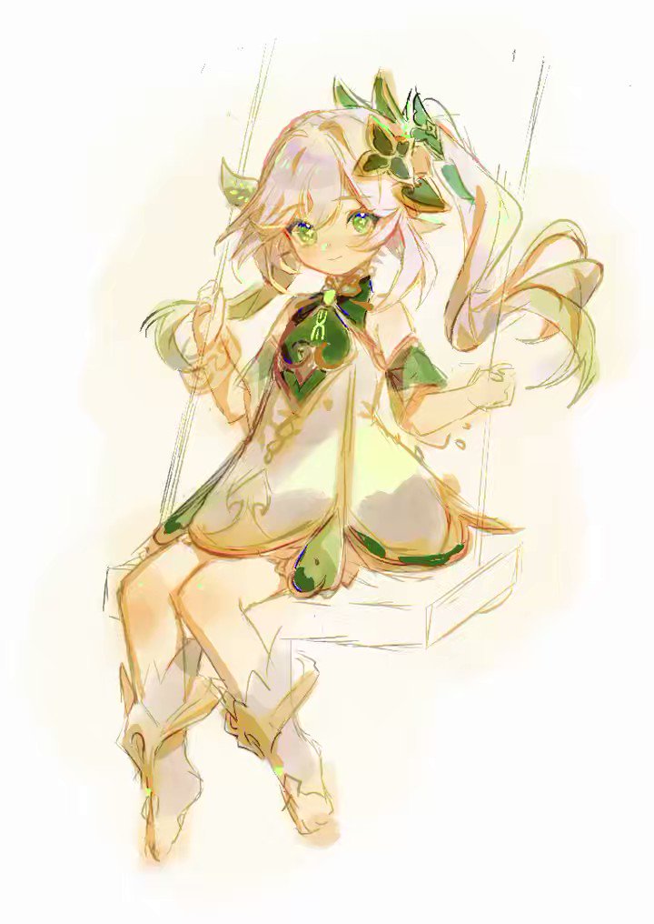 a digital illustration of an anime girl with long white hair, she is wearing a green and white dress and sitting on a swing. the girl has flowers in her hair and is looking to the side. the background is a light brown color.