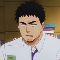a digital illustration of a young man with short, dark hair and a concerned expression. he has a five o'clock shadow and is wearing a white collared shirt with a purple tie. the background suggests he's indoors, possibly in an office or school setting, with a shelf of books subtly placed behind him.  the lighting is soft, emphasizing the worry lines on his face.  this appears to be a character from an anime or manga series.