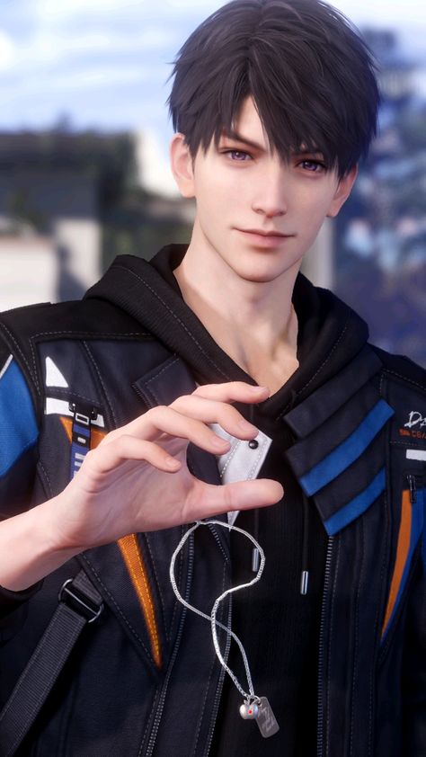 a young man with black hair and black eyes is smiling. he is wearing a black jacket with a blue stripe and a white necklace. he is standing in front of a city scape.