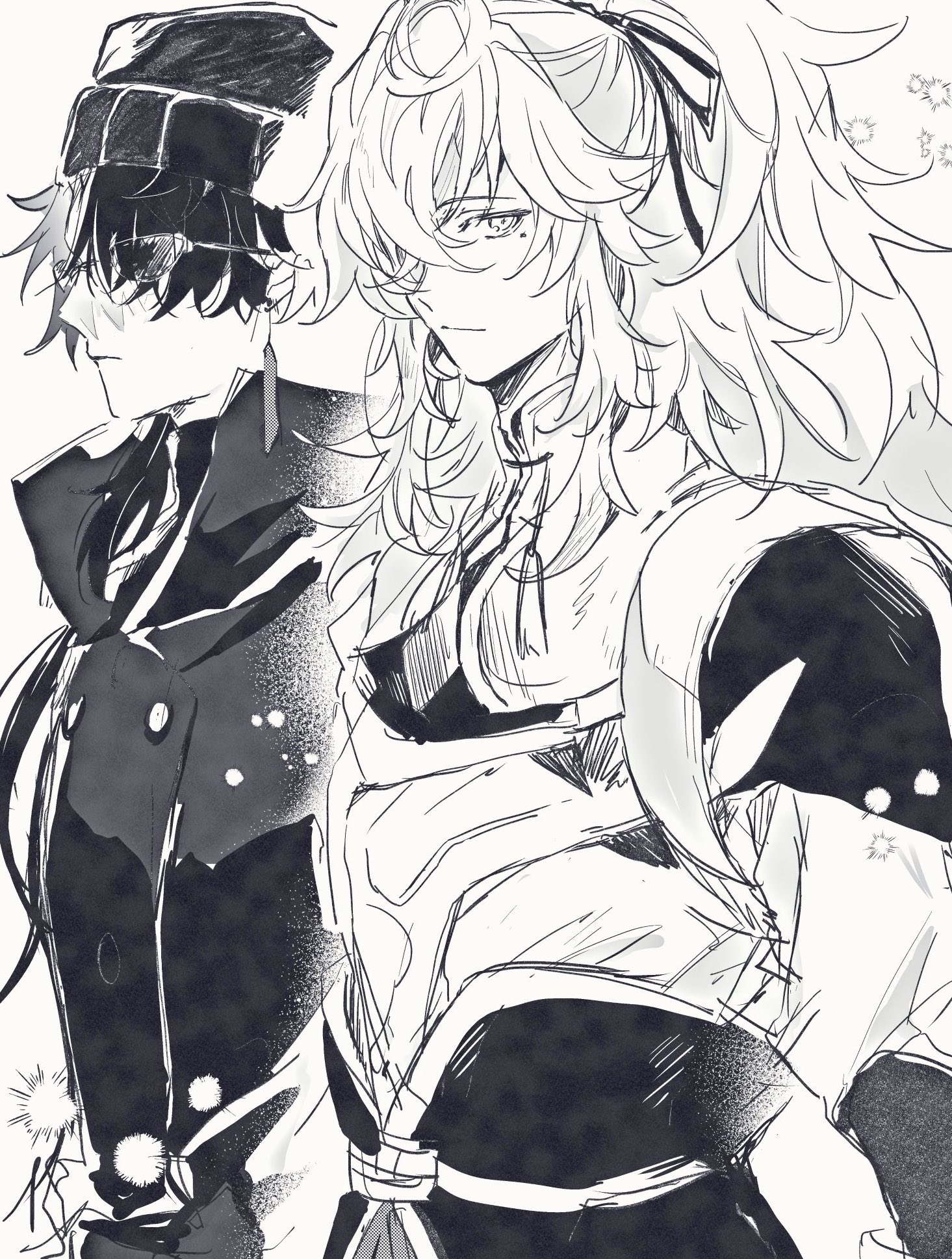 a black and white illustration of two anime characters. the character on the left is a male with short black hair, wearing a black hat and coat, he is looking down while the character on the right is a female with long white hair, wearing a white outfit and has a determined look on her face. she is holding a sword.