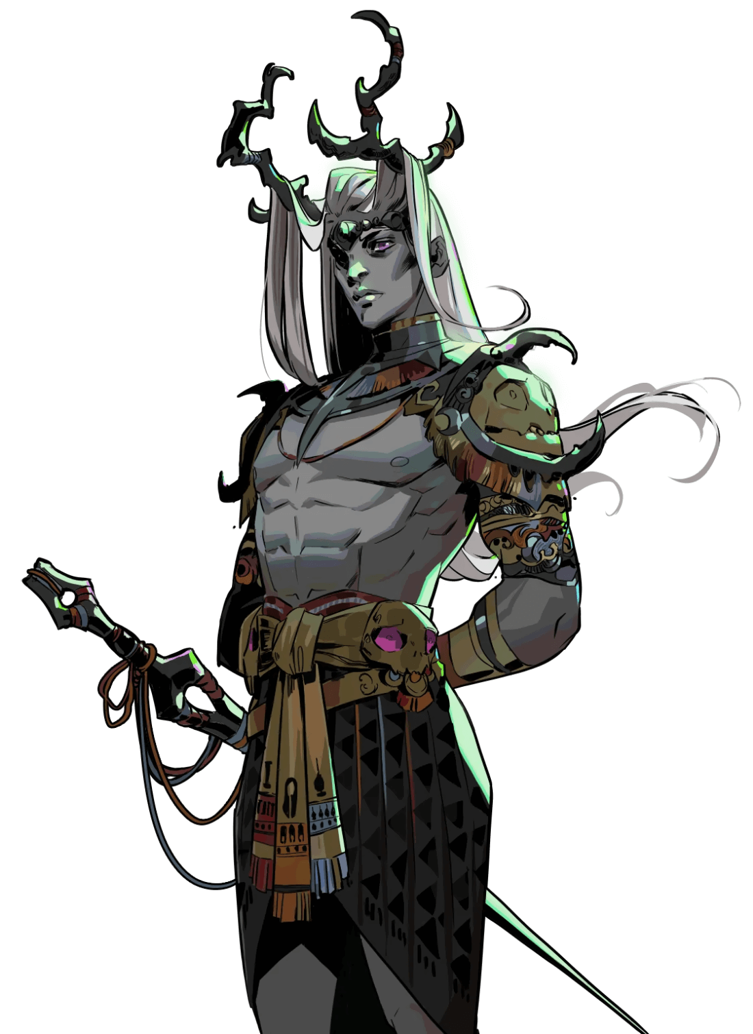 a male character in a video game, rendered in a detailed digital illustration, is standing with his sword in hand. he is wearing a dark grey skin, an armor composed of black, green and yellow elements, and a head ornament shaped as antlers. he is standing with a confident and fierce expression.