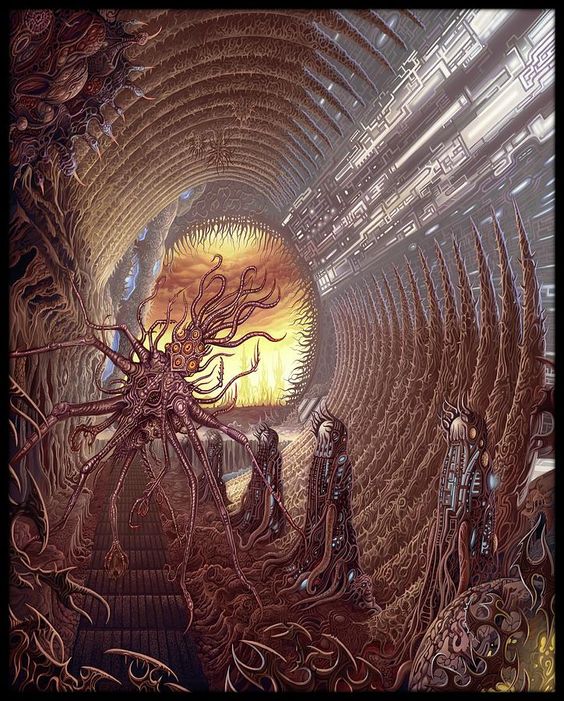 the image features a biomechanical creature with multiple eyes and legs, standing in the middle of a tunnellike corridor. the creature is surrounded by other alien figures, some of which seem to be mechanical in nature. the entire scene is filled with intricate, abstract patterns and a sense of otherworldly mystery. the atmosphere is dark, eerie, and suggestive of a surreal, futuristic world. the creature’s elongated, mechanical limbs and eyes create a disturbing yet alluring image. the overall impression is one of awe and fear, as if the viewer is looking into a hidden corner of the universe that is both beautiful and terrifying.