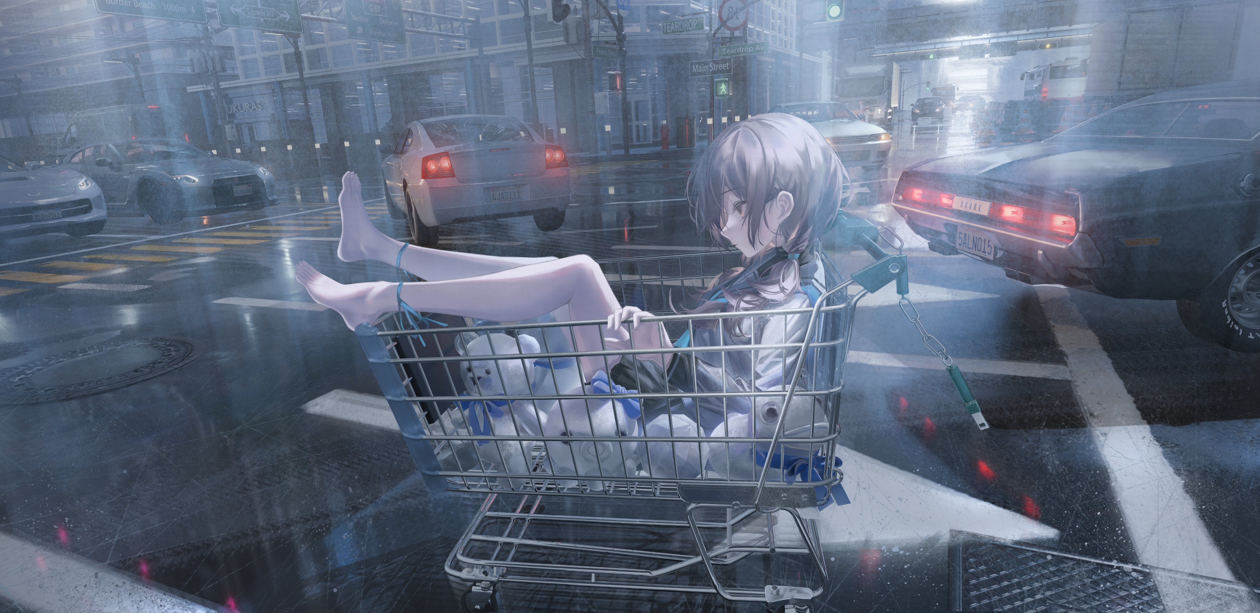 the image is a digital illustration depicting an anime girl with long brown hair lying in a shopping cart on a rainslicked city street at night.  she's barefoot and appears to be somewhat melancholic.  the shopping cart contains several plush toys.  the background features city traffic, including cars such as a dodge challenger, and blurred street lights. the overall atmosphere is moody and cinematic, with a blend of realistic and stylized elements that creates a cyberpunkesque feeling.  the rain adds to the somber and reflective nature of the scene.