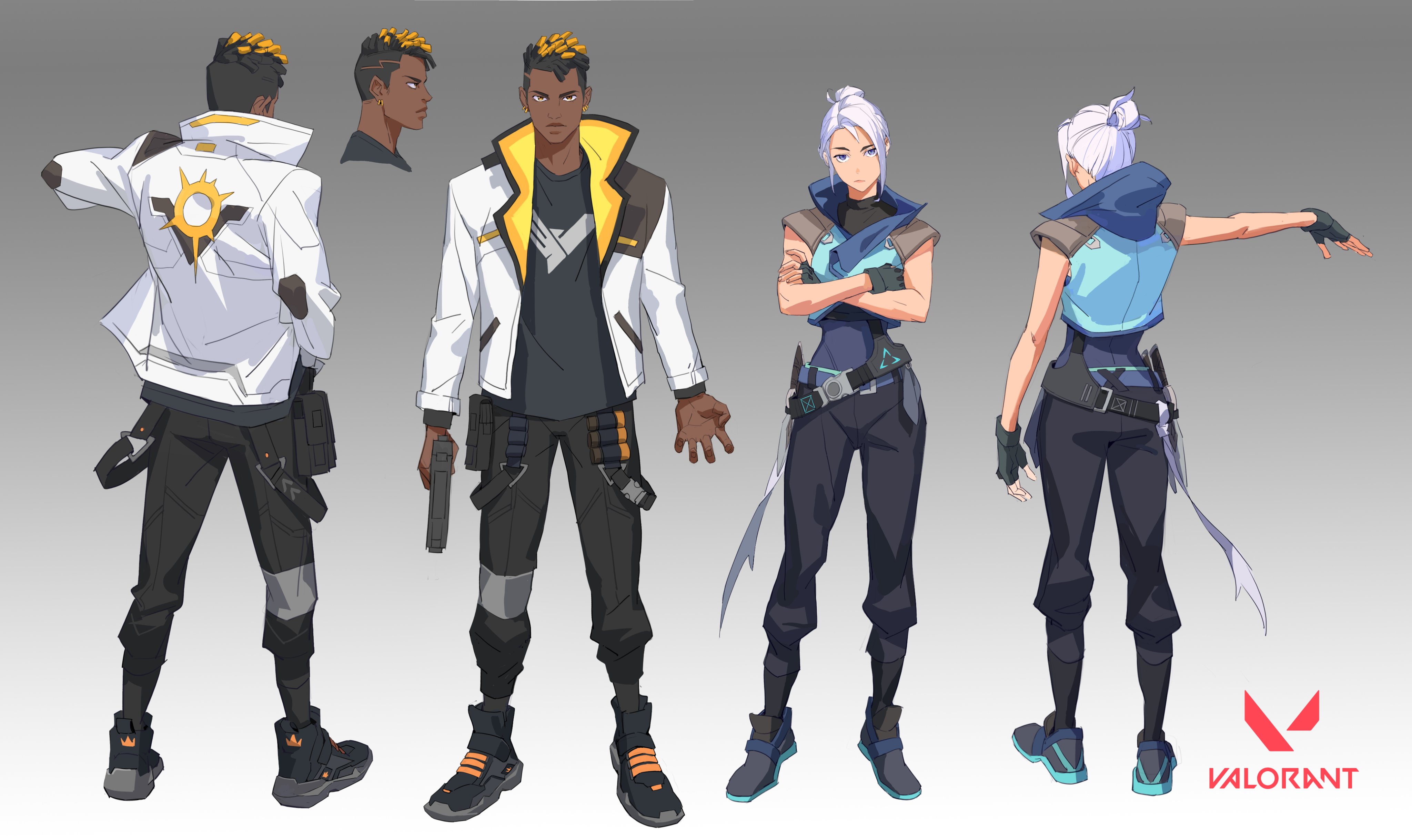 the image showcases concept art for two characters from the video game valorant.  a male character is depicted in a white and yellow jacket, dark pants, and orange and black sneakers.  multiple views (front, back, and head shot) of him are provided, highlighting his design details. a female character is also shown, dressed in a teal and dark gray outfit with light gray/white hair, in two poses (front and back). both characters exhibit a style that blends futuristic and streetwear elements.  the valorant logo is present at the bottom right of the image. the overall art style leans toward anime/manga influences with sharp lines and vibrant colors.