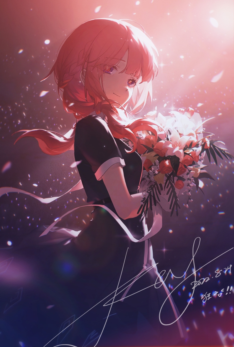 an animestyle image of a redhaired girl holding a bouquet of flowers, wearing a black dress. the background is purple, and there is a signature in the bottom right corner. ribbons are also present.