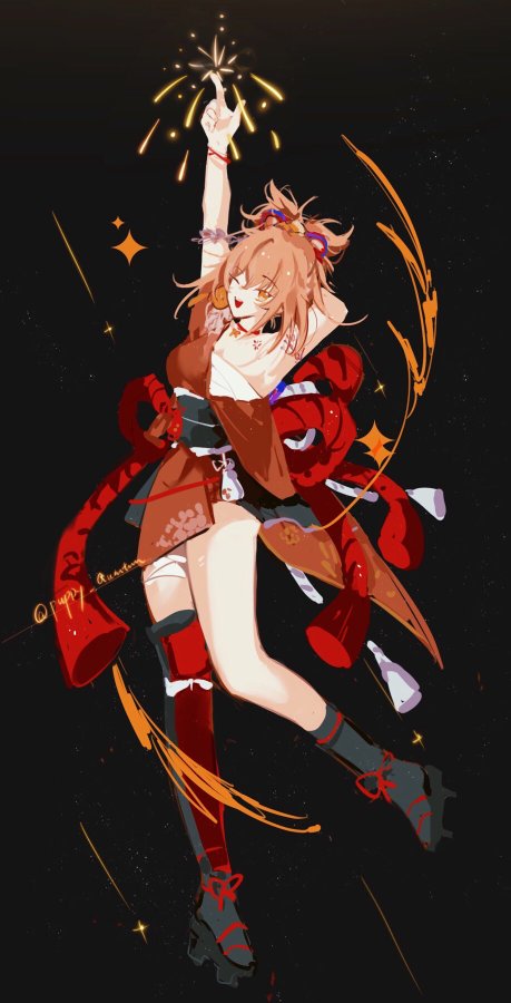 this is an anime illustration featuring a girl with long, reddishbrown hair, wearing red and black clothing with a long sword. she is floating in the air with sparks around her. her background is a blend of black and yellow with some abstract lines.