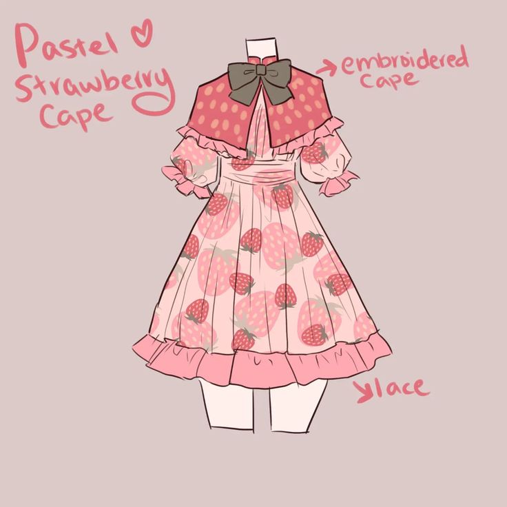 a digital fashion illustration showcasing a pastel pink dress design. the dress features a delicate strawberry print, ruffles, and lace trim. it's paired with a small embroidered cape adorned with strawberries and tied with a bow.