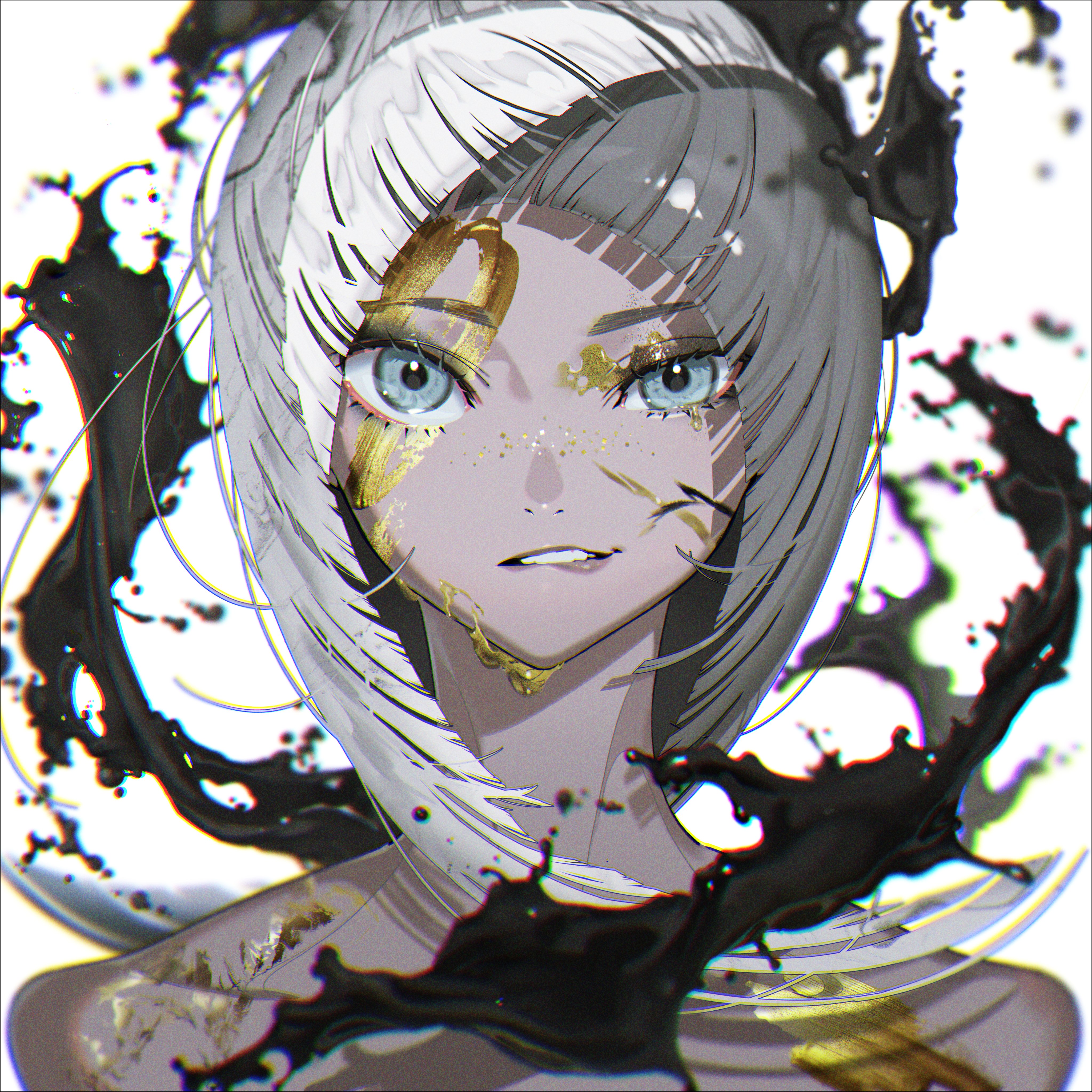 the image showcases a striking digital portrait of a young woman with stark white hair and captivating blue eyes. her skin tone leans towards gray, adorned with delicate freckles and splashes of gold that resemble paint.  dynamic splatters of black, resembling ink or paint, surround her, creating a sense of movement and contrast against the white background. the overall aesthetic blends fantasy and abstract elements, resulting in a visually arresting and unique piece of art.