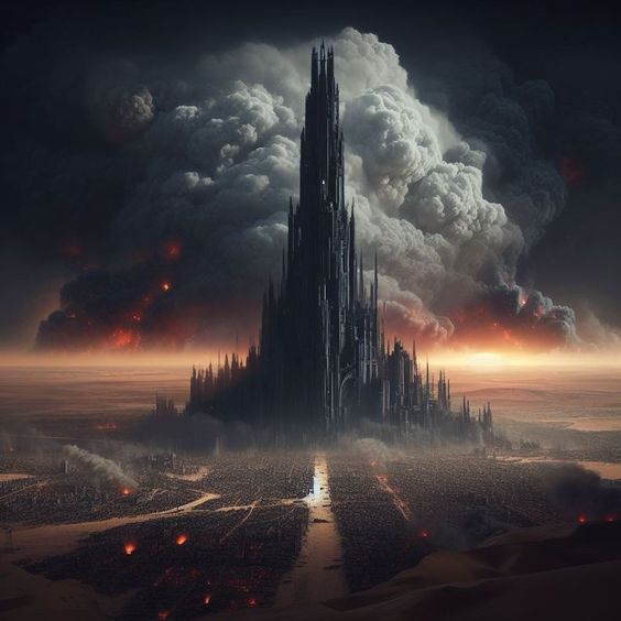 a dark fantasy cityscape set against a backdrop of a fiery, apocalyptic sky. a towering gothic cathedral dominates the center of the image, its black spires reaching into the smokefilled clouds. the city below is a sprawling maze of buildings and streets, with flames licking at the horizon. the desert landscape stretches out in the distance, adding to the sense of desolation and despair.