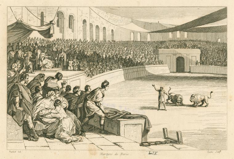 this is a historical engraving depicting a scene in a roman amphitheater. an unarmed man stands in the arena, facing two lions. he appears to be pleading or gesturing. the amphitheater is filled with a large audience, including figures in roman clothing who seem to be highranking officials or emperors. in the foreground, there are spectators watching the scene, and chains are lying on the ground. the overall scene depicts a martyrdom or execution, possibly related to the persecution of christians in the roman empire.