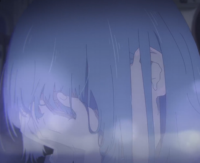 an anime girl is shown with her hands covering her face, crying, with tears streaming down her cheeks. the overall tone of the image is melancholy and blue.